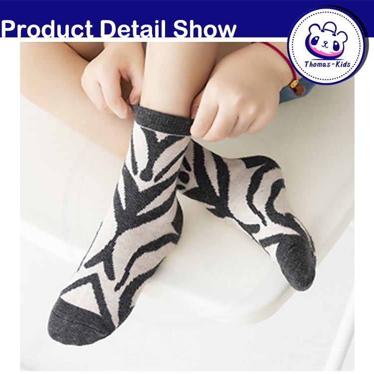 [THOMAS KIDS] Bộ 5 Đôi Vớ Cotton Dài Trung Bình Thấm Hút Mồ Hôi In Họa Tiết Động Vật Dễ Thương Cho Bé 1-12 Tuổi