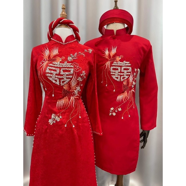 Cặp áo dài cưới nam nữ thêu chim kết hỉ