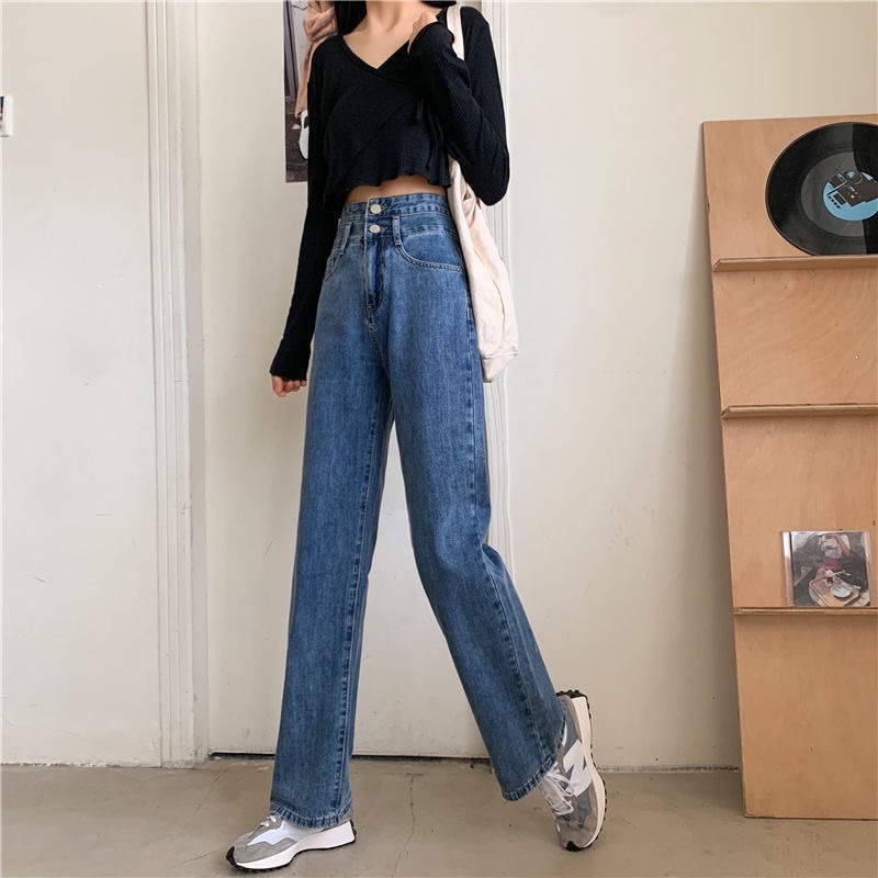 Quần Jean Nữ Cạp Cao 3 Cúc  Ống Suông Lưng Cao Phong Cách Hàn Quốc Hàng Quảng Châu Chất Jeans Mặc Hàng Ngày