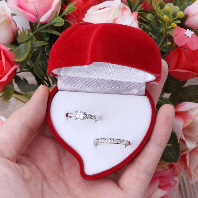 KING Double Wedding Rings Box Velvet Heart Shape Red Rose Flower Box Jewelry Display