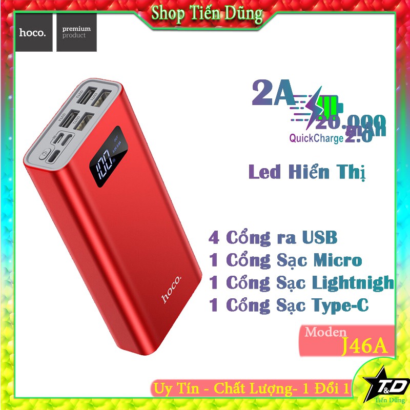 Pin sạc dự phòng Hoco J46A Star ocean 20000mAh 3 cổng vào pin là : Lightning  Micro Type-C / 4 cổng Output USB