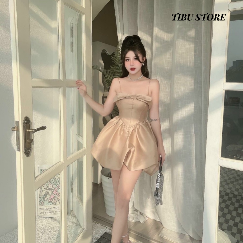 Đầm body hai dây đuôi bí Tibu, váy nữ xoè dáng ôm phối nơ (có mút) dự tiệc, đi chơi siêu xinh