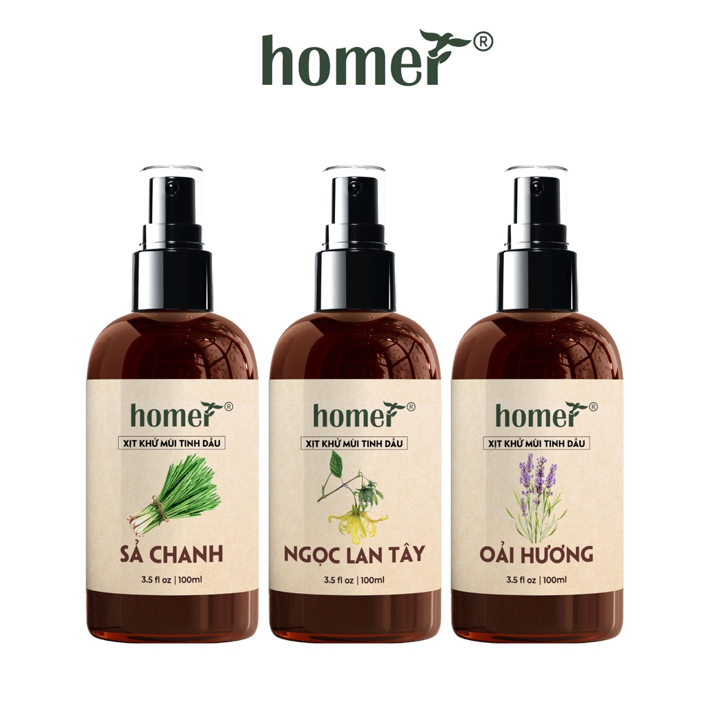 Combo 3 xịt khử mùi thơm phòng Sả Chanh + Ngọc Lan Tây + Oải Hương Homer 100ml/ chai