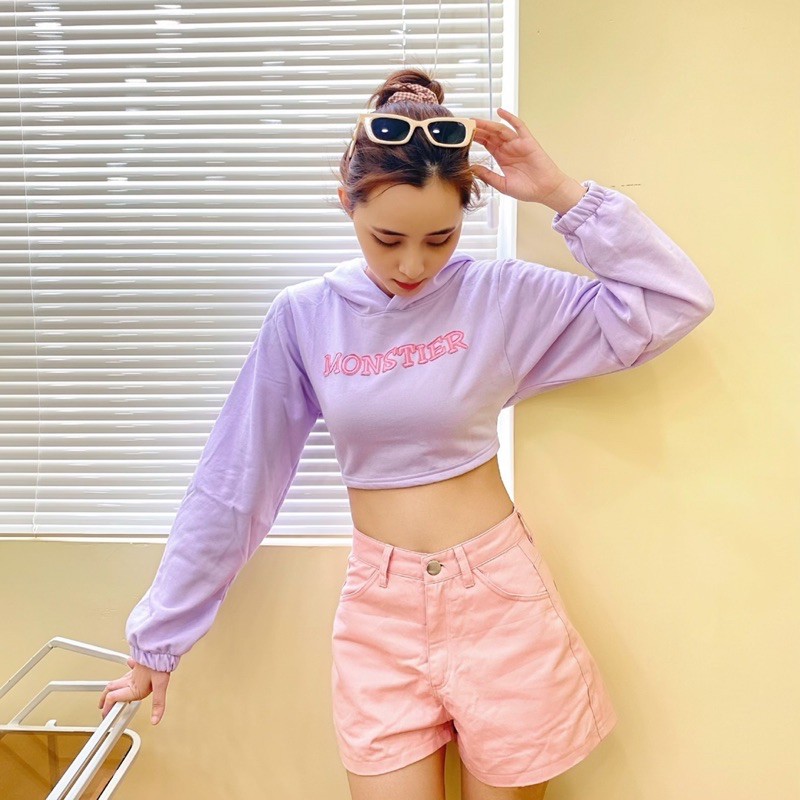 Cropped Hoodie Móntier- Áo Hoodie form croptop màu tím pastel xinh xắn