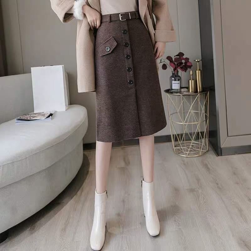 Chân váy dạ dáng dài khuy trước