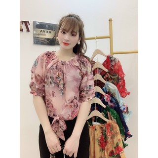 Áo kiểu nữ ❣️FREESHIP ❣️Áo sơ mi nữ hoa tay rút cách điệu - Áo nữ chất liệu voan lụa mềm