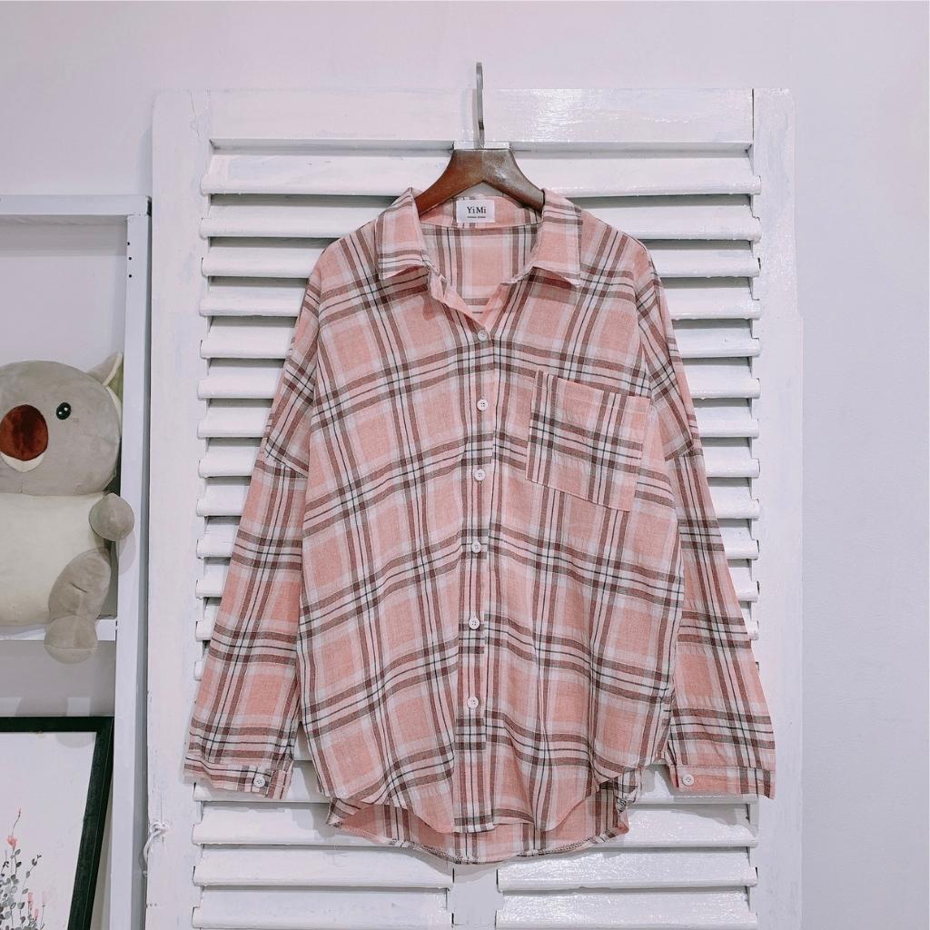 Áo sơ mi nữ sọc caro bảng to có túi Xàm Xí Shop form rộng tay dài - Shop Xàm Xí