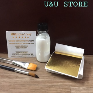 Combo vật liệu dát vàng cơ bản gồm lá vàng, keo và bộ cọ ( Màu cọ giao ngẫu nhiên)