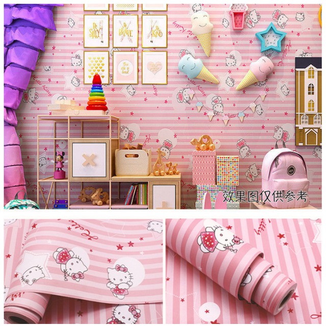 Giấy dán tường Hello Kitty sọc hồng khổ rộng 45cm có keo sẵn, Decal giấy dán tường màu hồng dễ thương - Lala Mart