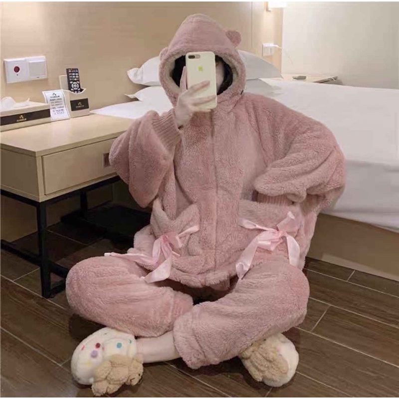 Bộ ngủ nữ lông Nơ Túi Tai Gấuchất lông mịn, ấm áp, giữ nhiệt tốtbộ thu đông mặc nhà☘️Hàng loại 1☘️2 lớpUnisex &lt;50kg