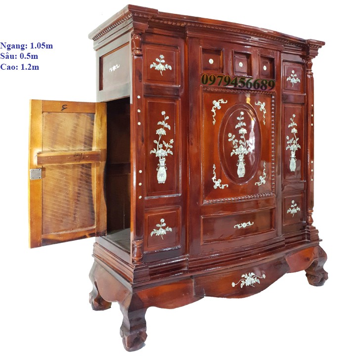 Tủ thờ gia tiên gỗ tràm bông vàng ngang 1m05cm