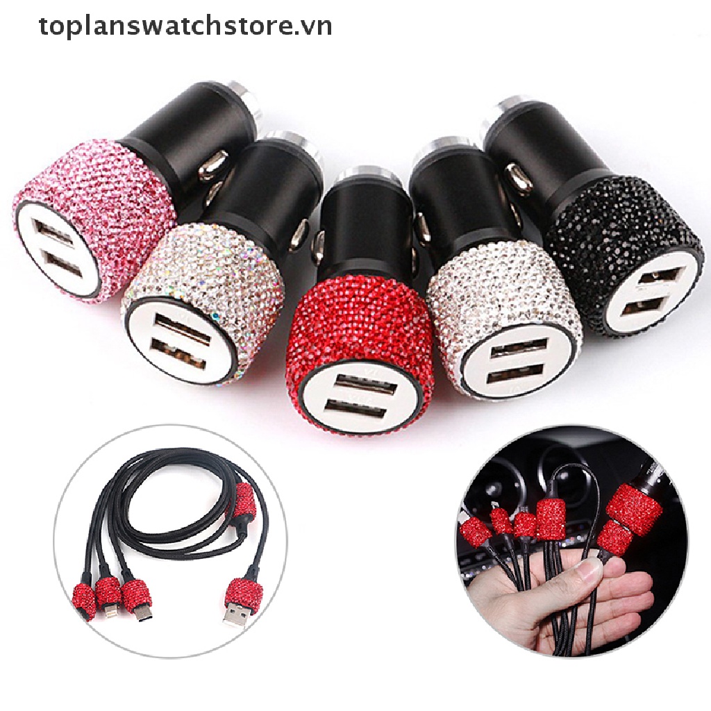 Dây Cáp Sạc Nhanh Hai Cổng USB Đính Đá Lấp Lánh Cho Xe Hơi