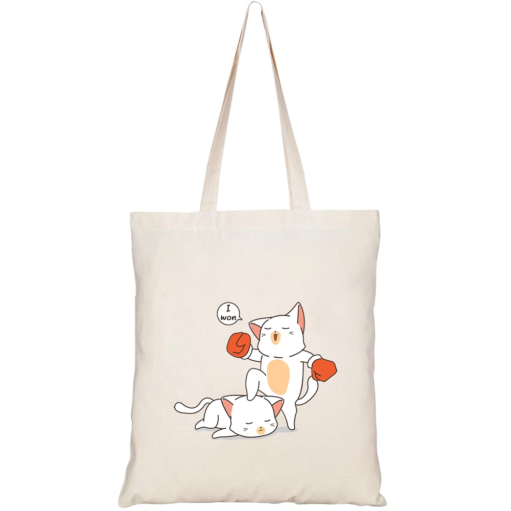 Túi vải tote canvas HTFashion in hình kawaii boxing cat character HT121