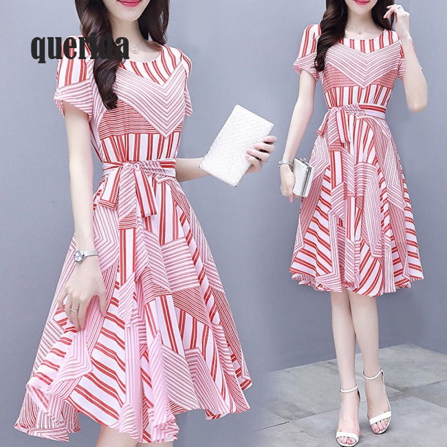 Đầm eo cao ngắn tay phối dây buộc họa tiết kẻ sọc màu hồng cho nữ