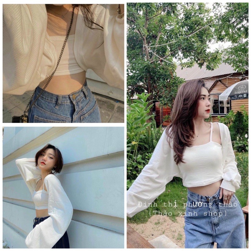 Set áo caridigan kèm áo 2 dây croptop trắng vải thun borip - C0N