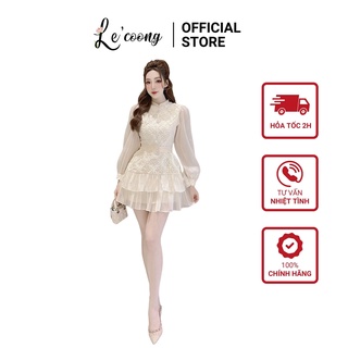 Đầm Nữ Đi Tiệc LECOONG V245 Ren Be Sang Chảnh Tay Dài Dáng Ngắn Thanh Lịch