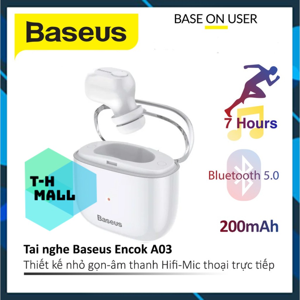 Tai nghe Bluetooth Baseus Encok Wireless Earphone A03 5.0 chống nước, kèm đốc sạc nhỏ gọn - Hàng Chính Hãng