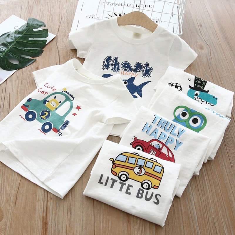 Áo thun cotton MINKY MOM cho bé trai, áo phông trắng in hình ô tô khủng long cá mập cho bé nam 1 2 3 4 5 tuổi