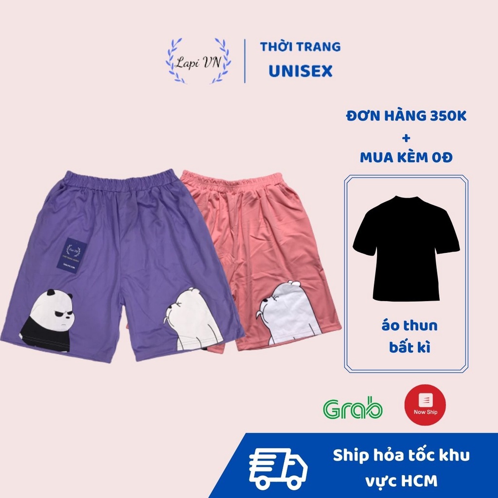 Quần Short Lửng Unisex In Hình Gấu Trúc Lapi VN ,Freesize Đến 70kg, Chất Thun Thể Thao Dày Dặn