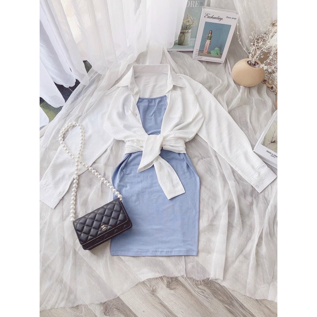 Sét váy hai dây màu xanh kèm áo khoác ngoài , kèm ảnh thật tại shop , Unisex Store