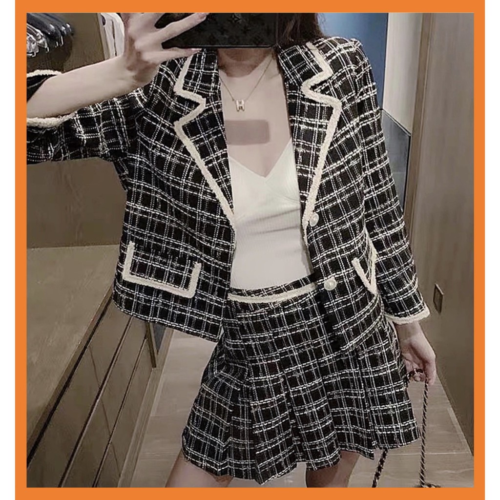 ORDER♥️Set Dạ Kẻ Cổ Vest Chân Xoè(ảnh thật)Size S-&gt;XL