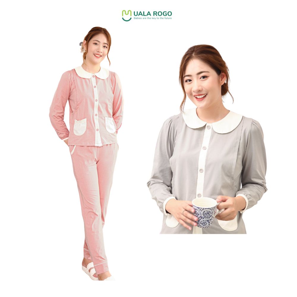 Bộ bầu sau sinh cho con bú mặc nhà Ualarogo dài tay cotton cổ sam 2 túi mềm thấm hút thoáng mát 9101
