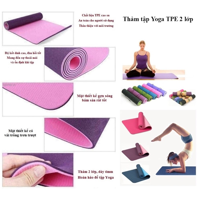 Thảm Tập YOGA, GYM Cao Su Non TPE Đúc Nguyên Khối 1 Lớp Định Tuyến Chống Trượt Tập Thể Dục Tại Nhà 6mm