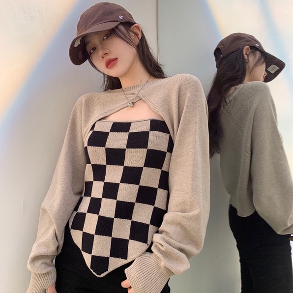 Porozi  Set áo khoác và áo hai dây họa tiết caro phong cách Hàn Quốc cho nữ