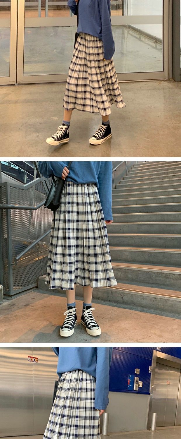 Korean Style Women's Retro Plaid Elastic Casual Plaid Skirt