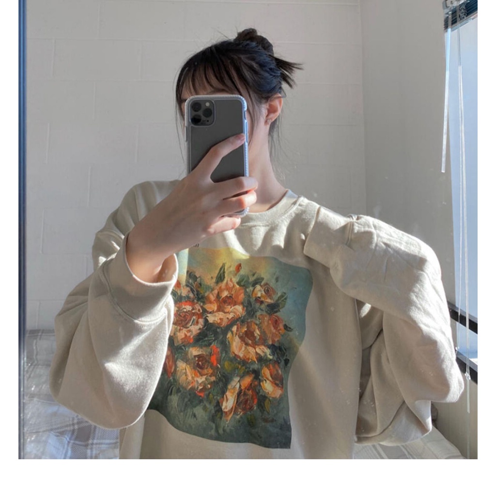 Porozi  Áo Sweater Tay Dài Lót Nhung In Họa Tiết Phong Cách Retro Hàn Quốc