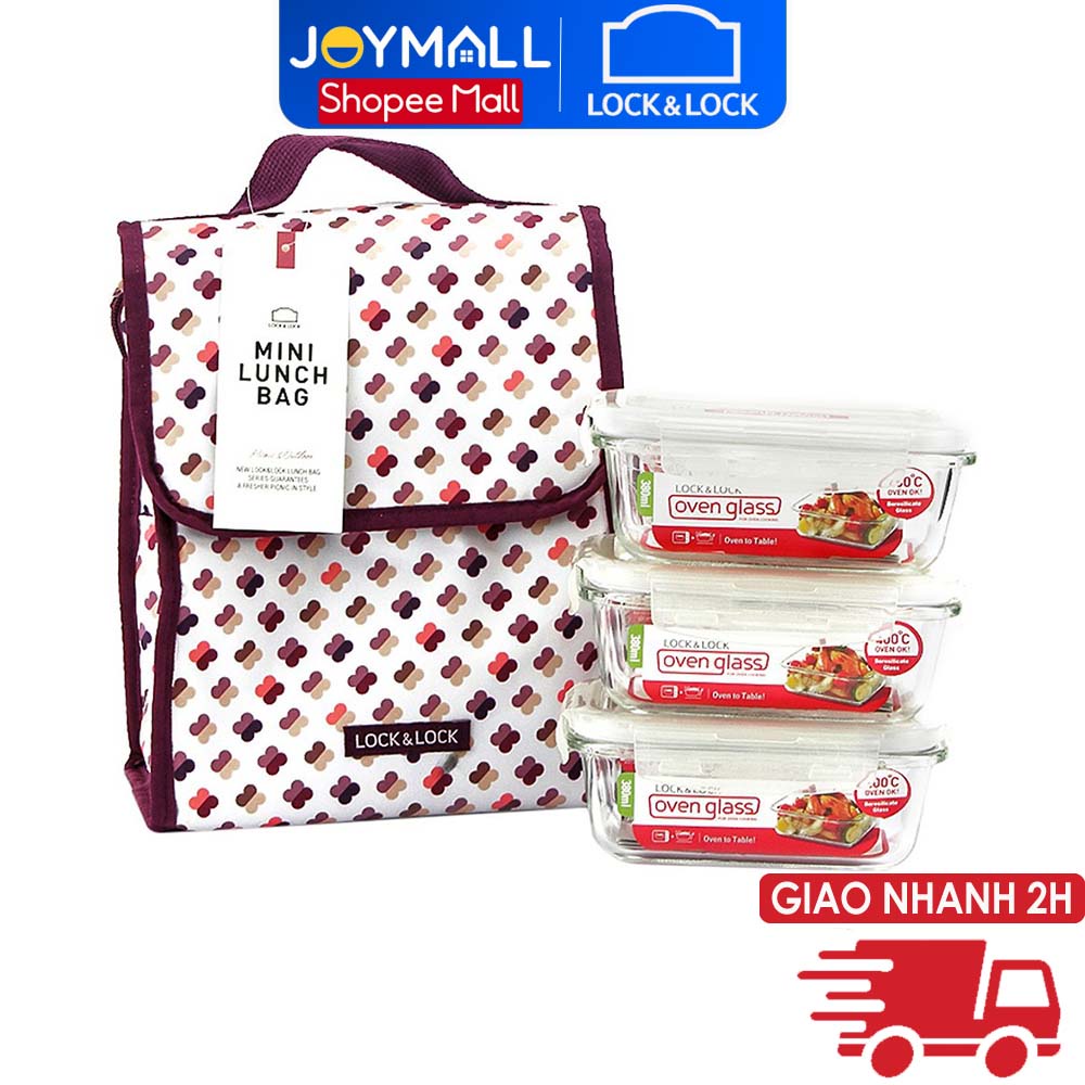 Bộ Túi Hộp Cơm Thủy Tinh Lock&Lock LLG422WN3 4EA, Hàng Chính Hãng - JoyMall