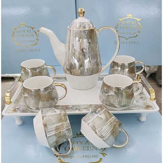 BỘ ẤM CHÉN KÈM KHAY MÀU TRẮNG XÁM VÂN ĐÁ VIỀN VÀNG CAO CẤP