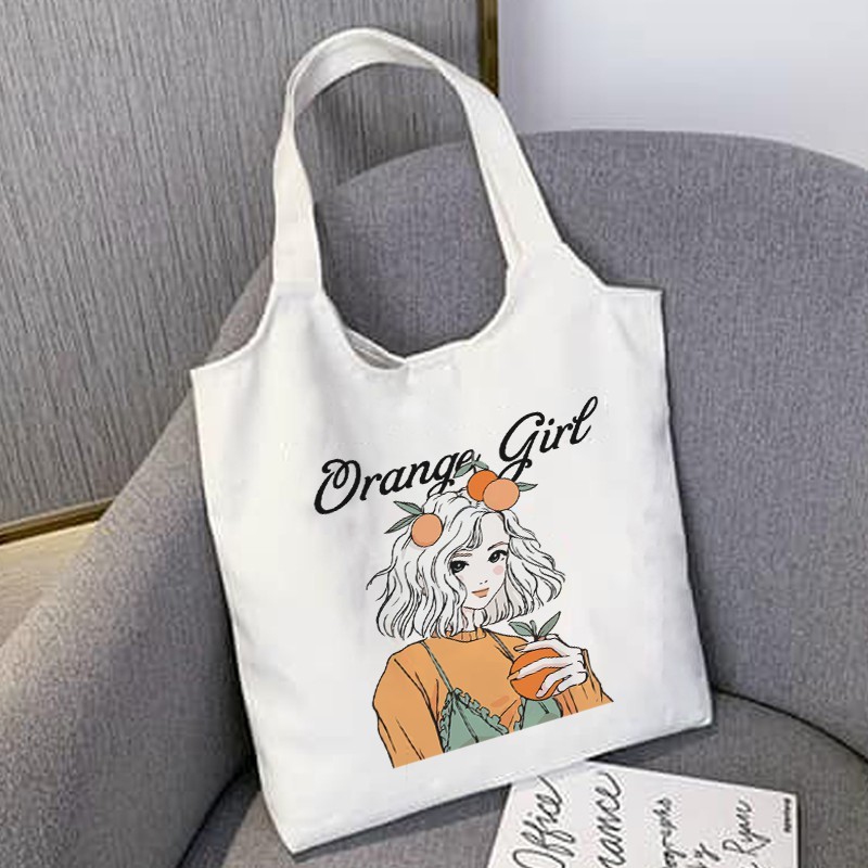[Mã FAMAYWA giảm 10K đơn 50K] Túi Tote Vải Canvas Nữ Quai Tròn In Hình Orange Girl Có Khóa Kéo phong cách Ulzzang