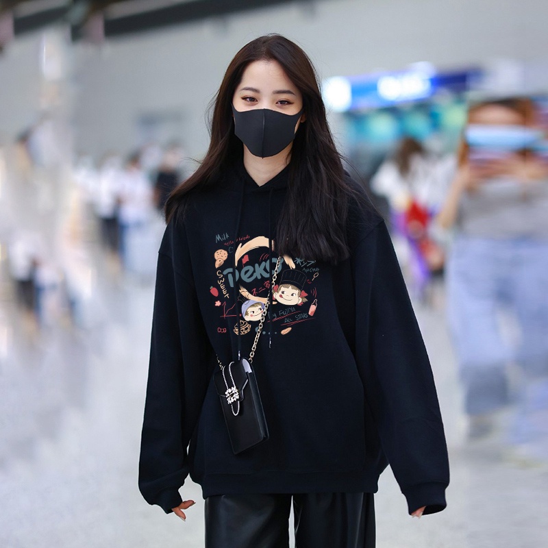 Áo hoodie ZHELIHANGFEI tay dài dáng rộng in họa tiết phong cách thời trang đi học dễ phối đồ