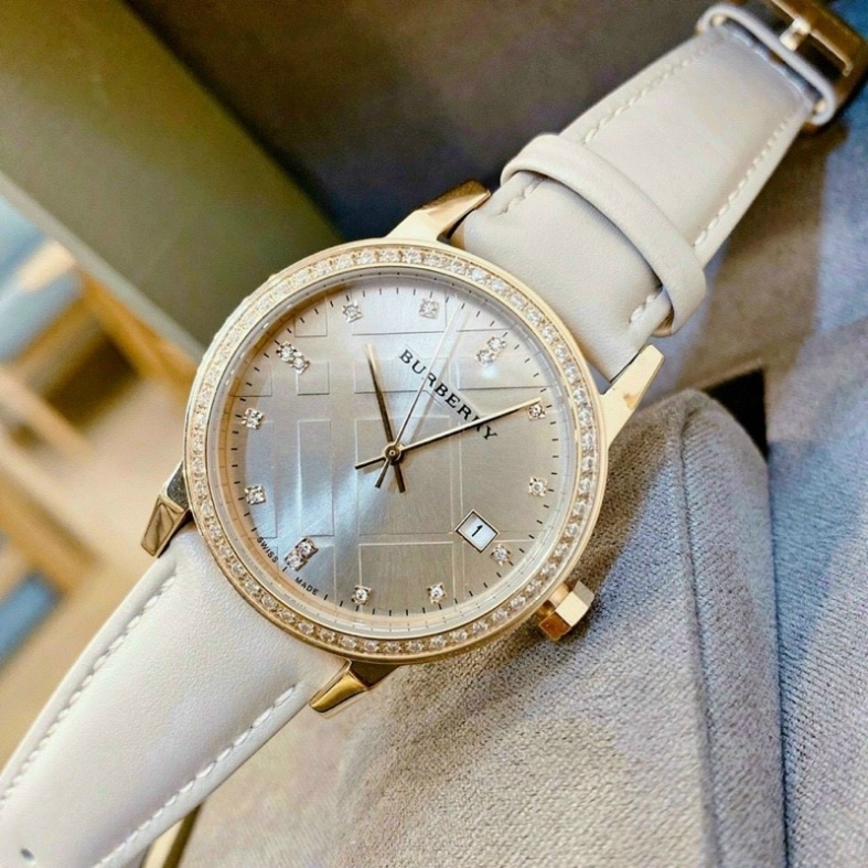 Đồng hồ nữ bb.r mặt tròn quai da viền đá sang trọng , da mềm bền hợp thời trang