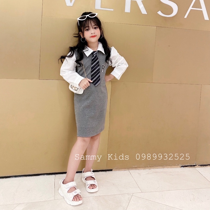 Váy Body phối tay Sơ mi kèm Calavat Hàn Quốc cho bé gái size đại 16-40kg