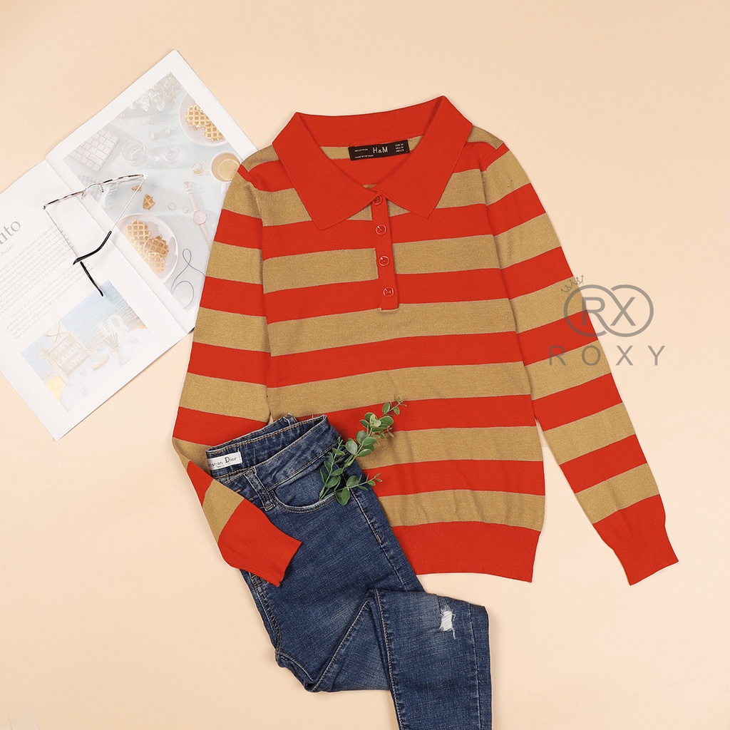 Áo Len Bẻ Cổ Cài Nút Tay Dài Sọc Ngang | BigBuy360 - bigbuy360.vn