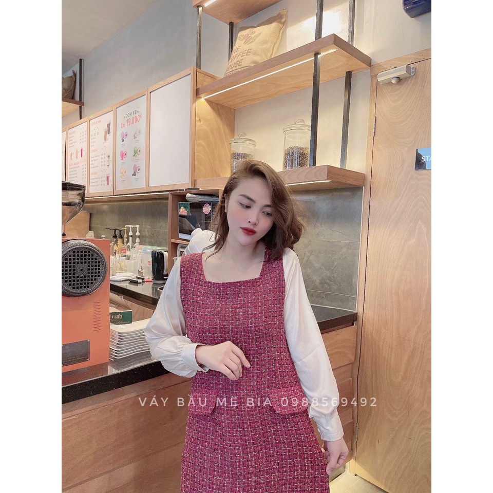 Váy bầu bigsize - Đầm bầu thiết kế GuMe DẠ TWEED CAO CẤP 2 lớp MÀU ĐỎ CỔ VUÔNG PHỐI TAY HANBUTAI- MB269