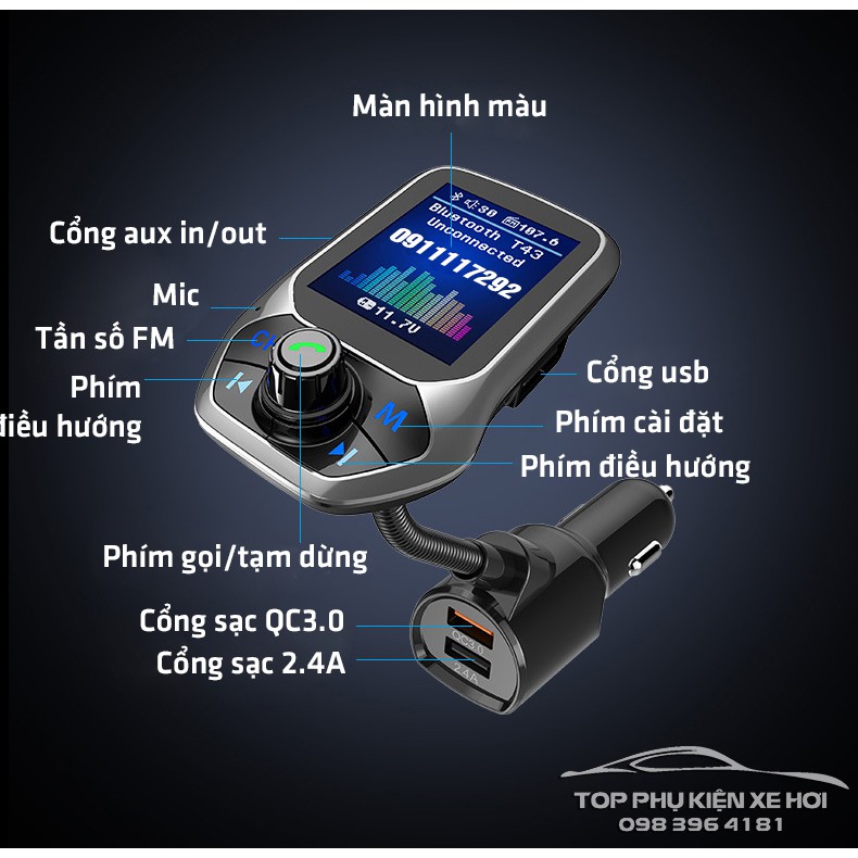 Tẩu nghe nhạc bluetooth T43 màn hình màu, AUX in/out, nhạc lossless