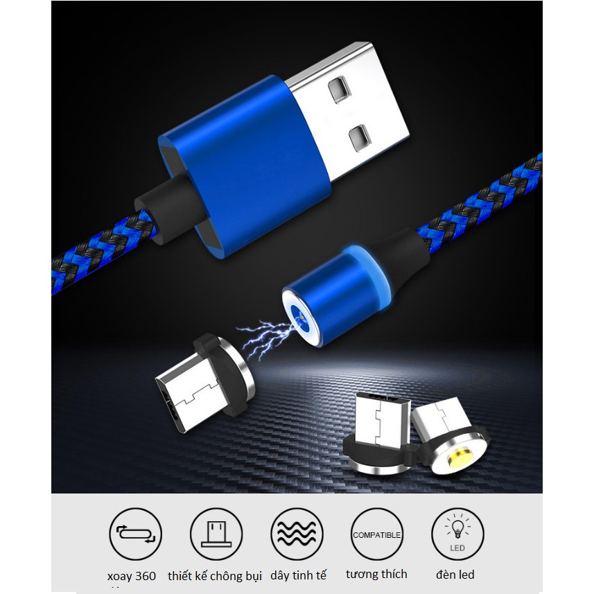 Cáp Sạc Nam Châm Đầu Lightning Tròn Xoay 360 Độ 3 trong 1 Dành Cho SAMSUNG IPHONE TypeC