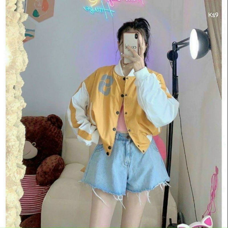 Khoác bomber tay phối dáng lửng form rộng cánh dơi