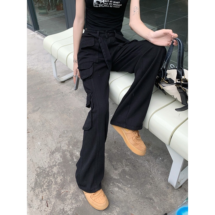 QADCOL Quần Jean Lưng Thấp Ống Rộng Phối Túi Cá Tính Theo Phong Cách 2022