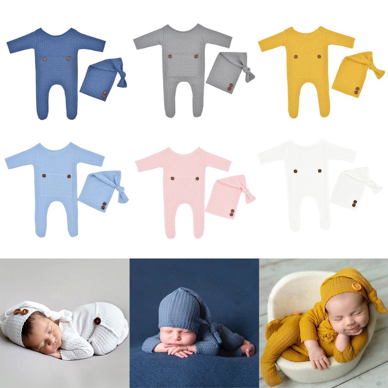 2 Pcs/Set Infants Photo Shooting Clothing Baby Knitted Jumpsuit Long Tail Cap Kit Hat Romper Newborn Photography Props