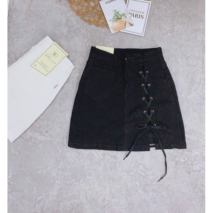 [ĐỦ 4 MÀU] Chân Váy Jean Aiori Cao Cấp Lưng Cao Chất Vải Co Giãn Có Quần Váy Buộc Chéo Dây Xinh Xắn