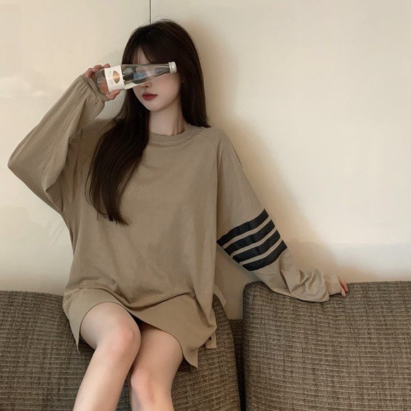 Áo thun COZOK tay dài dáng rộng màu tương phản phong cách Hàn Quốc dễ phối đồ