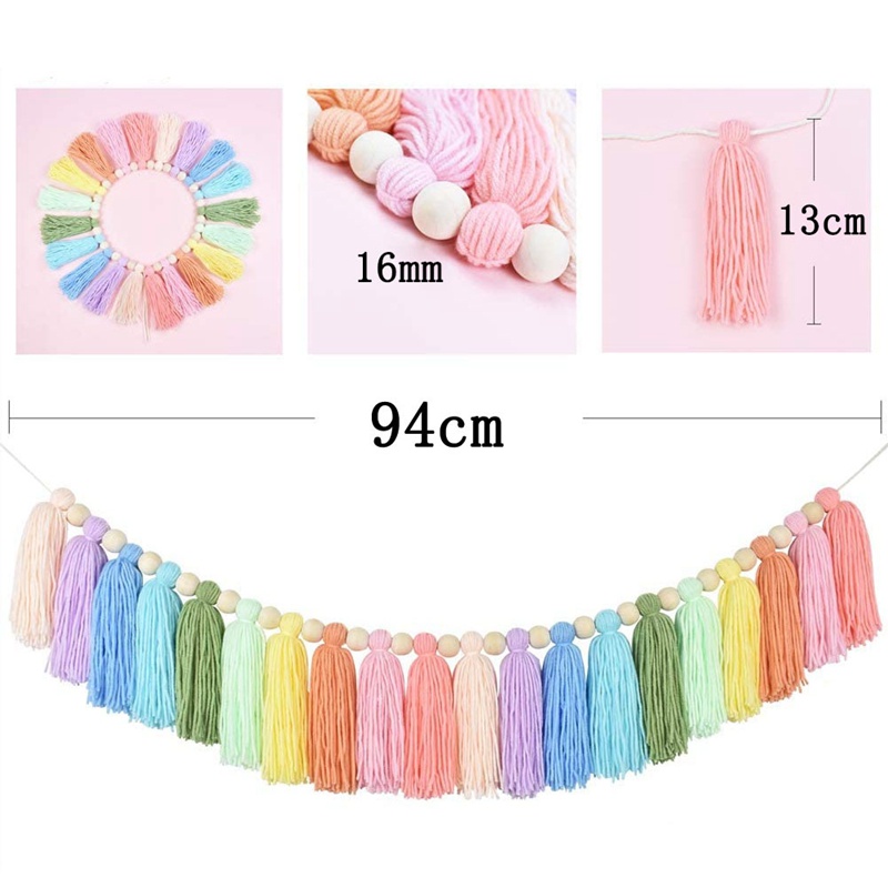 Vòng Hoa Tua Rua Màu Pastel 37Inch Với Hạt Gỗ Nhiều Màu Treo Tường Trang Trí Phòng Ngủ / Phòng Học / Tiệc Tùng