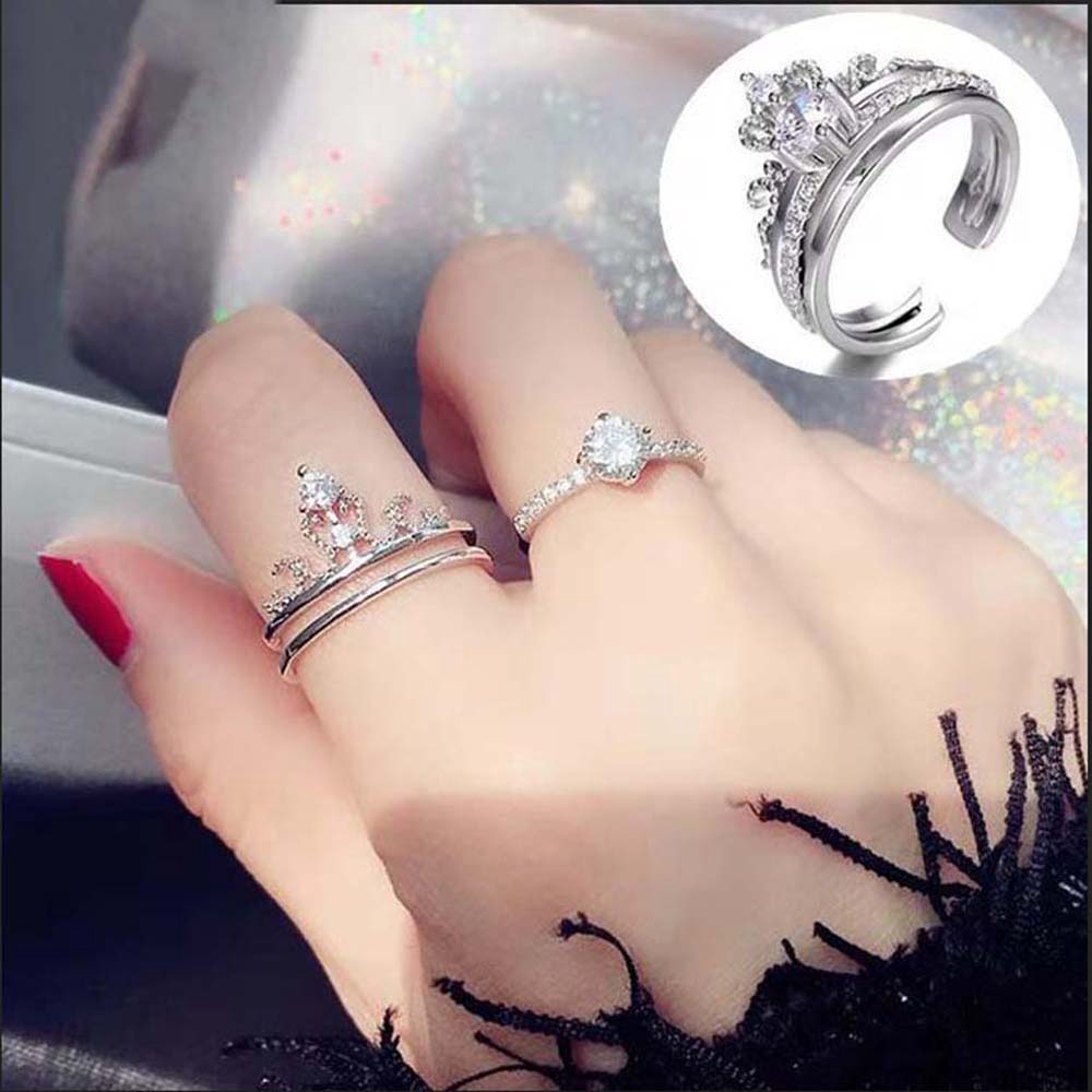 Nhẫn hở hình vương miện thiết kế 2 trong 1 đính đá độc đáo cho bạn nữ