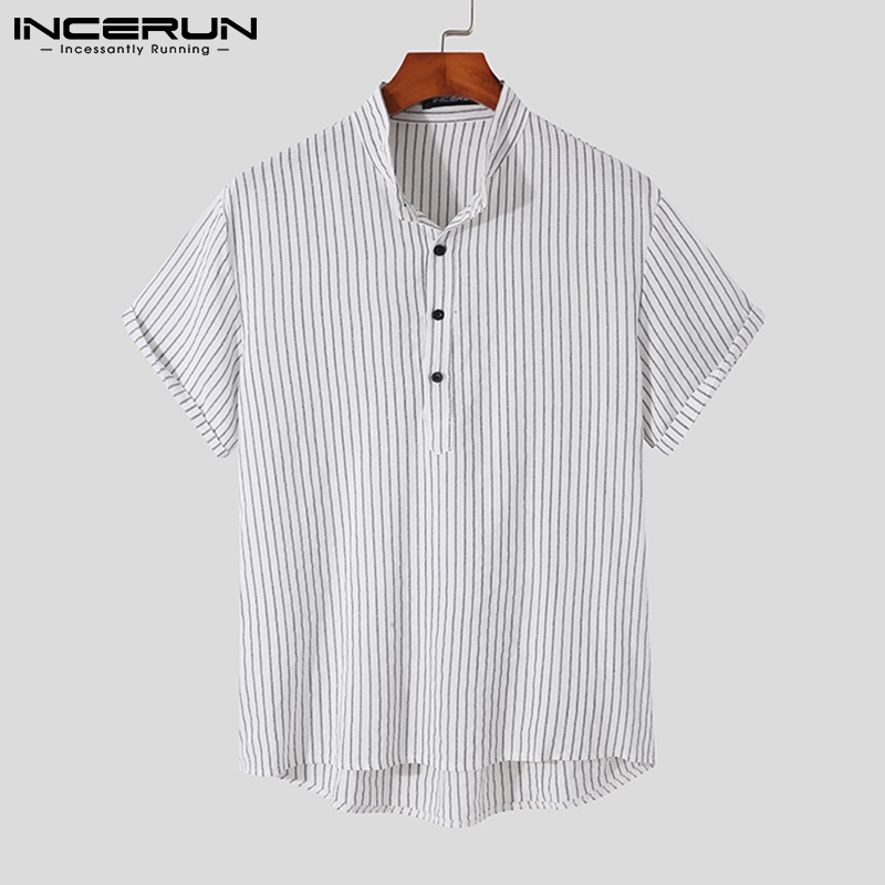 Áo sơ mi INCERUN ngắn tay cổ chữ v họa tiết kẻ sọc cài nút thời trang cho nam