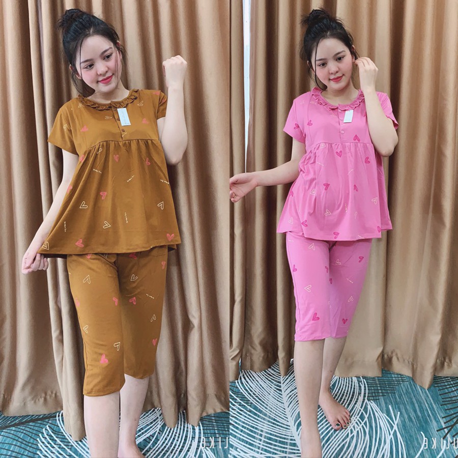 Bộ bầu sau sinh Lửng kéo khóa cho bé bú, chất cotton, màu đẹp, cho mẹ bầu mặc nhà mùa HÈ freesize 45-68kg