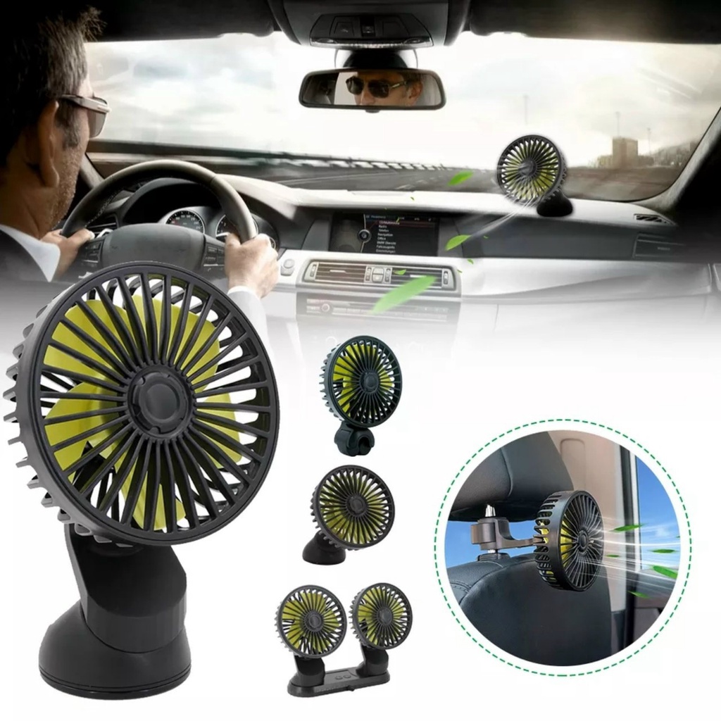 Quạt Đôi Mini Làm Mát Ô Tô Xoay 360 Độ Dùng Điện 12V-24V Cho Mọi Dòng Xe Hơi